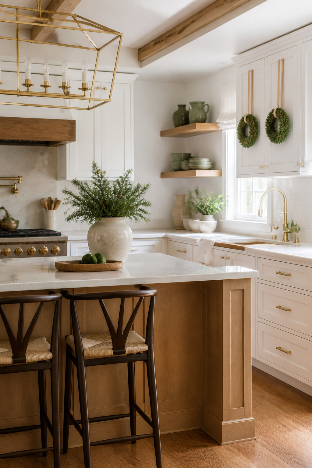 10 Christmas Kitchen Decor Ideas to Try in 2026 4 Mini wreaths hanging from cabinet doors in a kitchen.