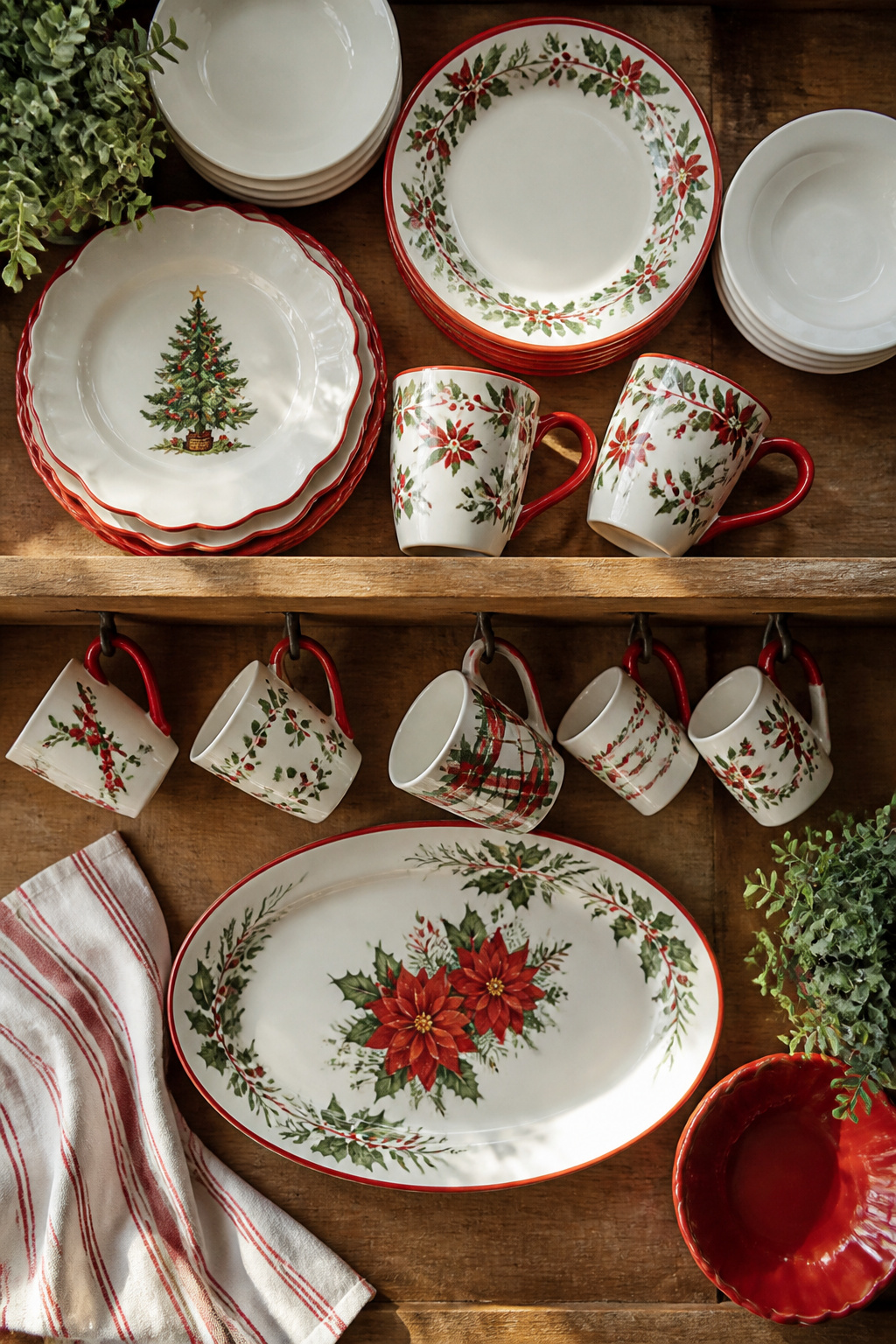 10 Christmas Kitchen Decor Ideas to Try in 2026 5 Holiday plates and mugs displayed on a wall mug rack.
