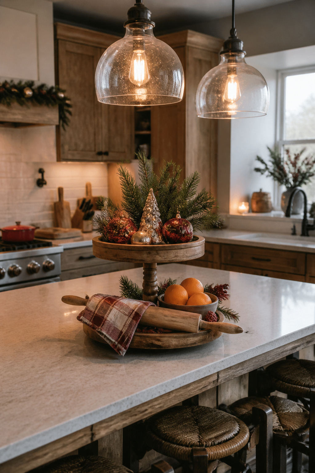 10 Christmas Kitchen Decor Ideas to Try in 2026 6 A two-tiered tray decorated with ornaments and kitchen items on a kitchen island.