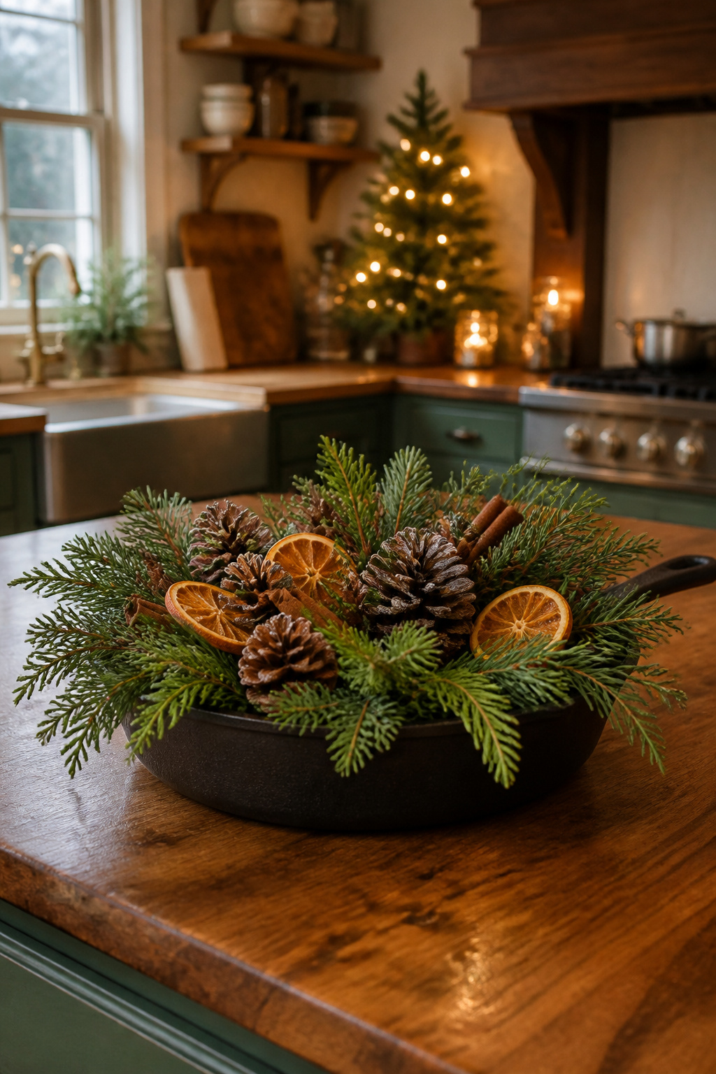10 Christmas Kitchen Decor Ideas to Try in 2026 8 A holiday centerpiece featuring faux garland and pinecones on a kitchen island.