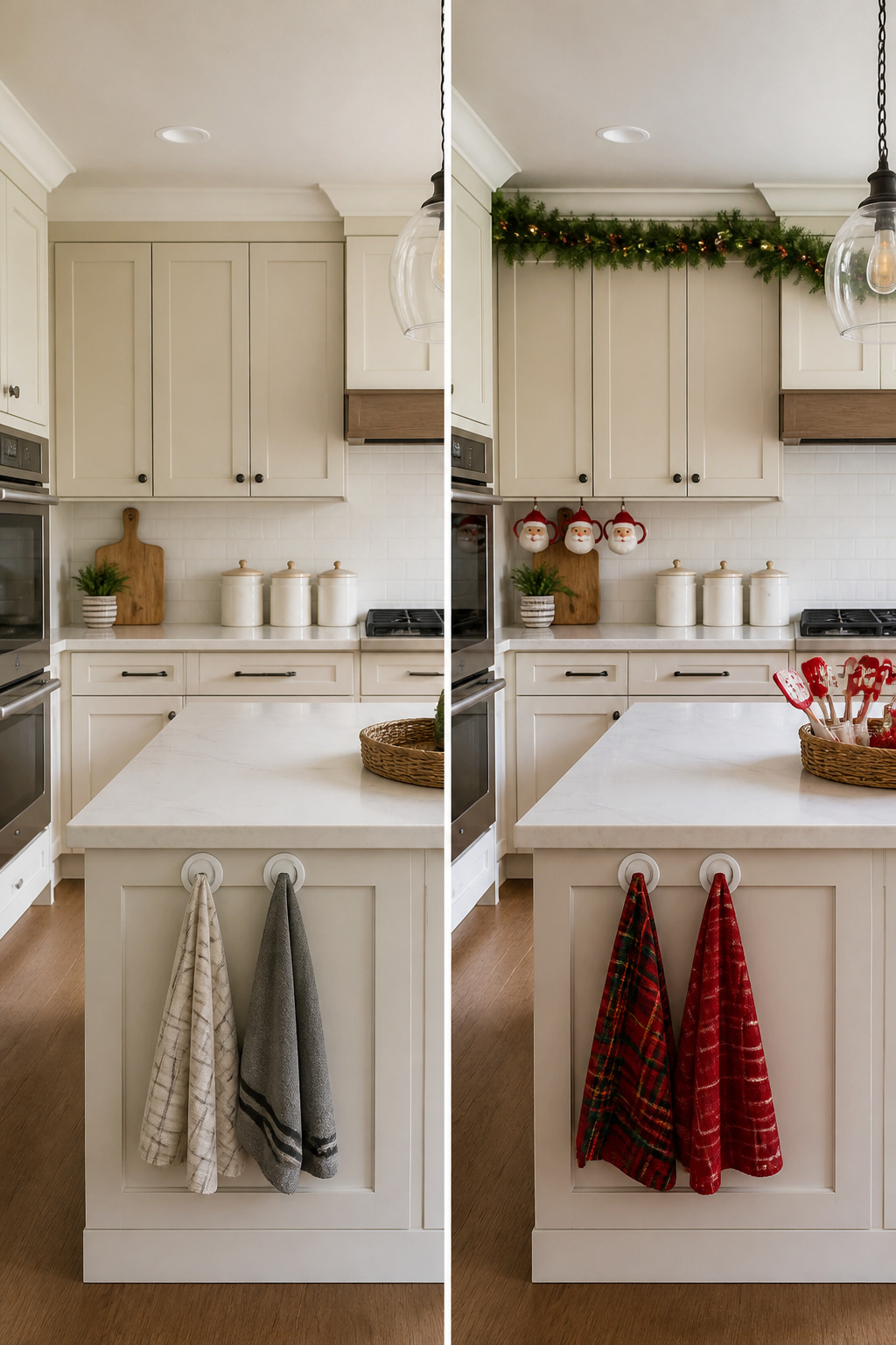 10 Christmas Kitchen Decor Ideas to Try in 2026 9 Plaid Christmas towels hanging in a kitchen with everyday items.