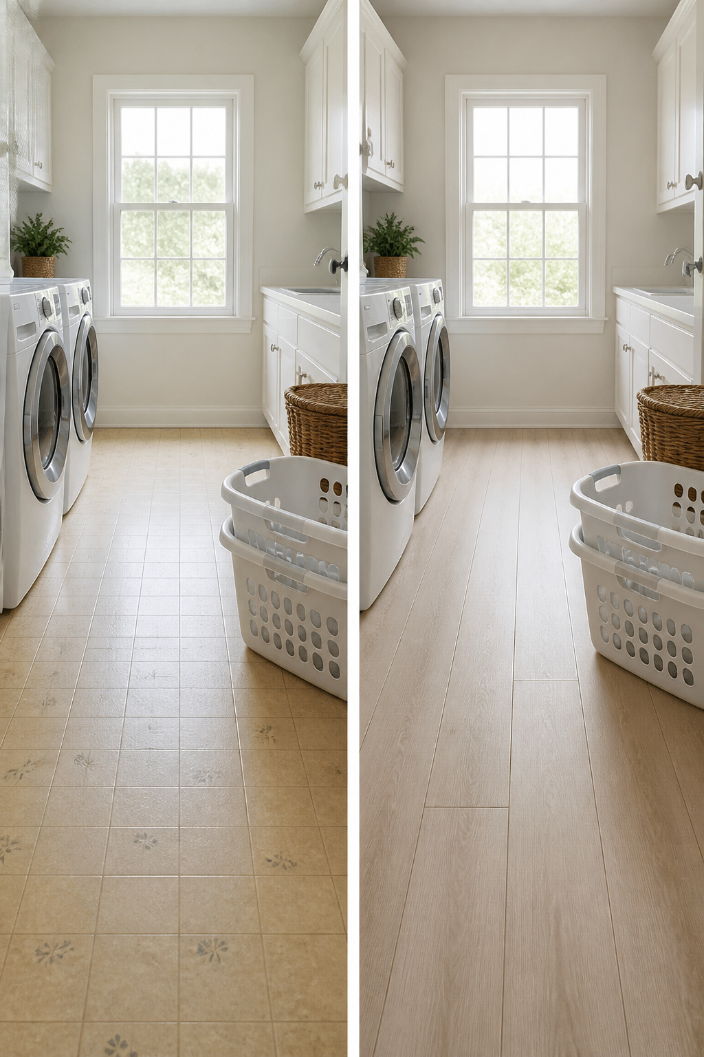Vinyl plank flooring installed in a laundry room.