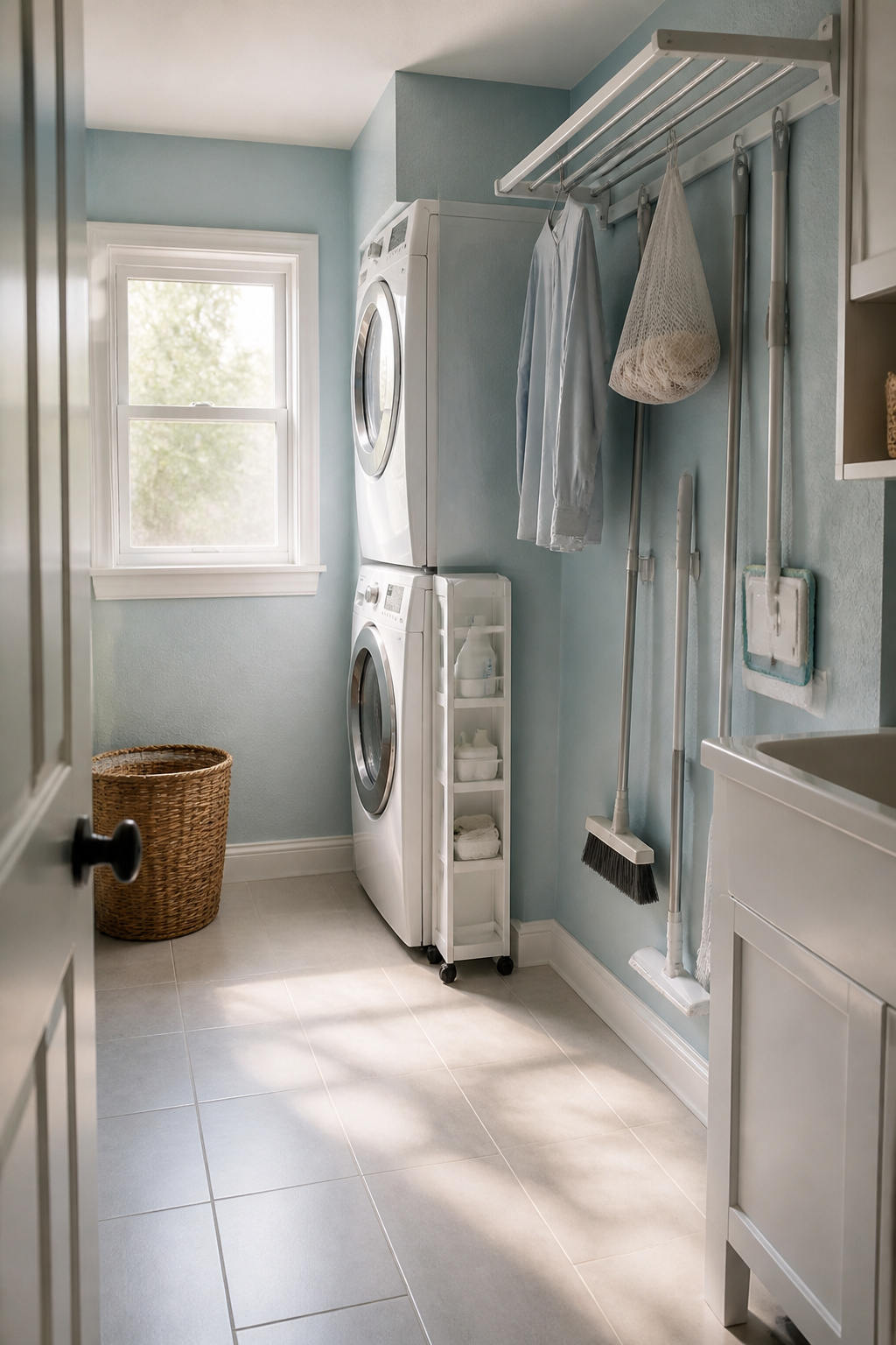 A slim rolling cart in a cramped laundry room.