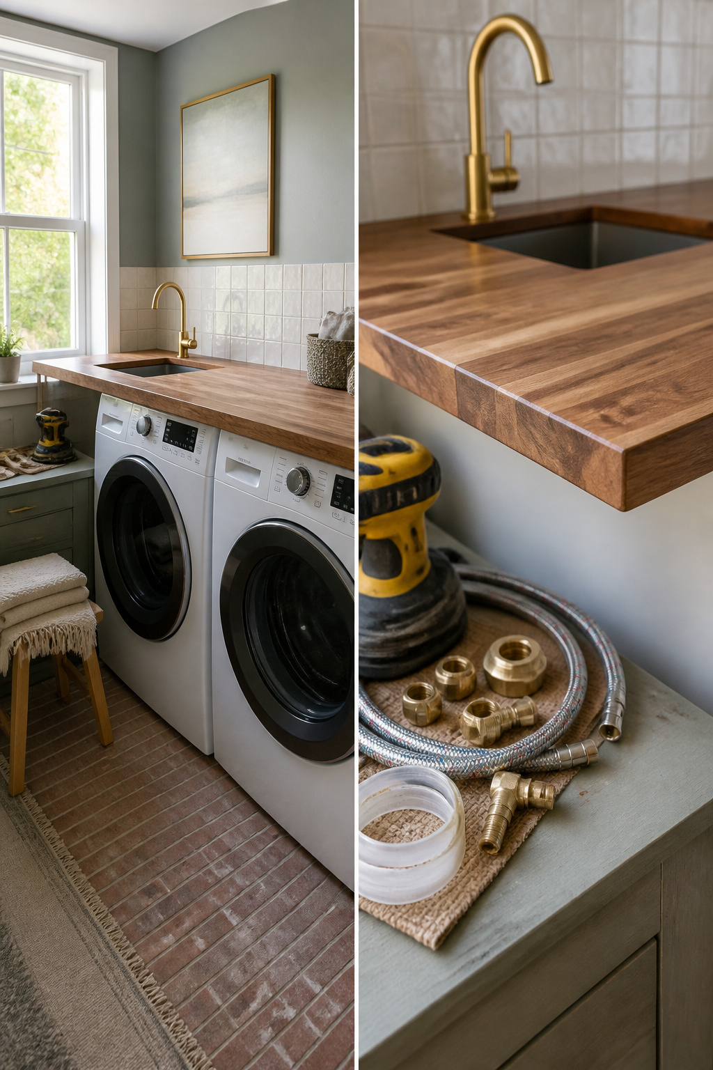 A butcher block countertop being installed in a laundry room.