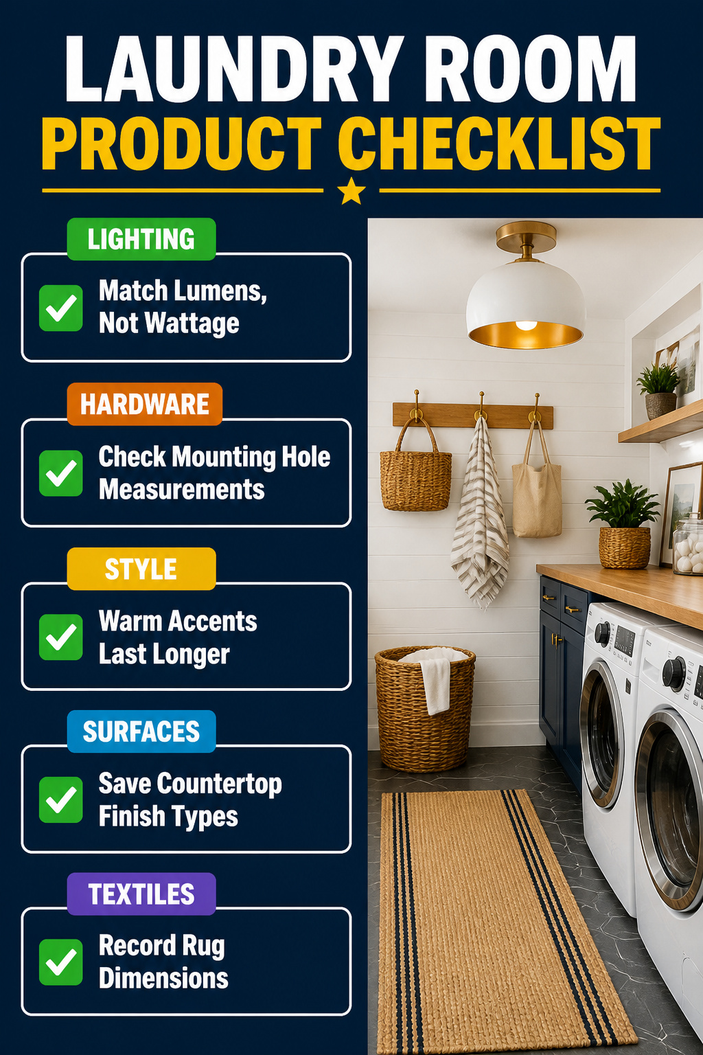 A product checklist for updating a laundry room.