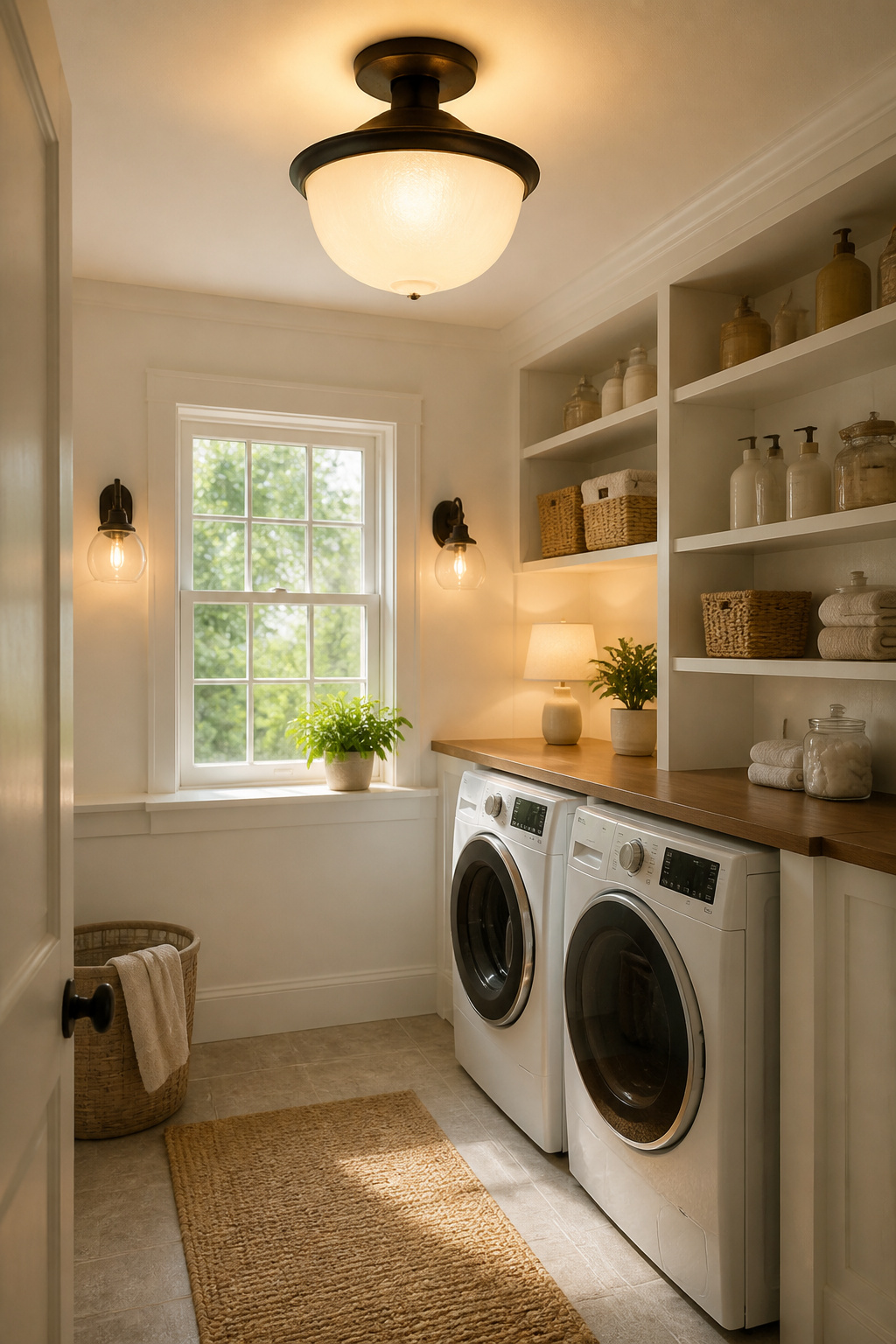 A schoolhouse-style flush mount light illuminating a laundry room.