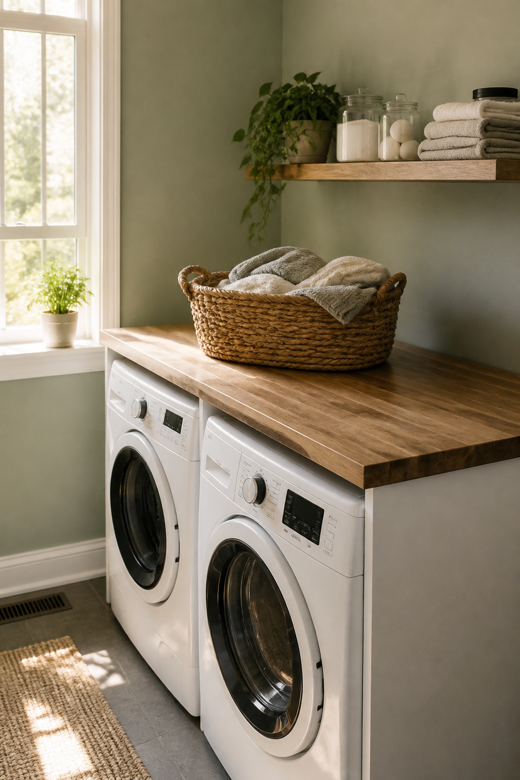 A butcher block countertop spans over a washer and dryer in a laundry room.