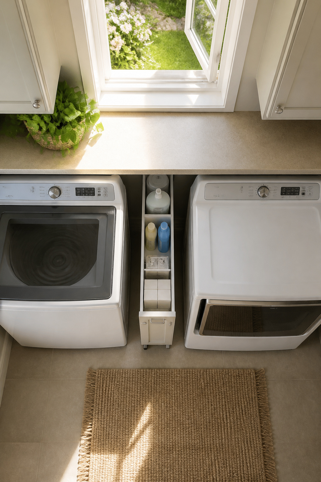 A slim rolling cart placed between a washer and dryer in a laundry room.