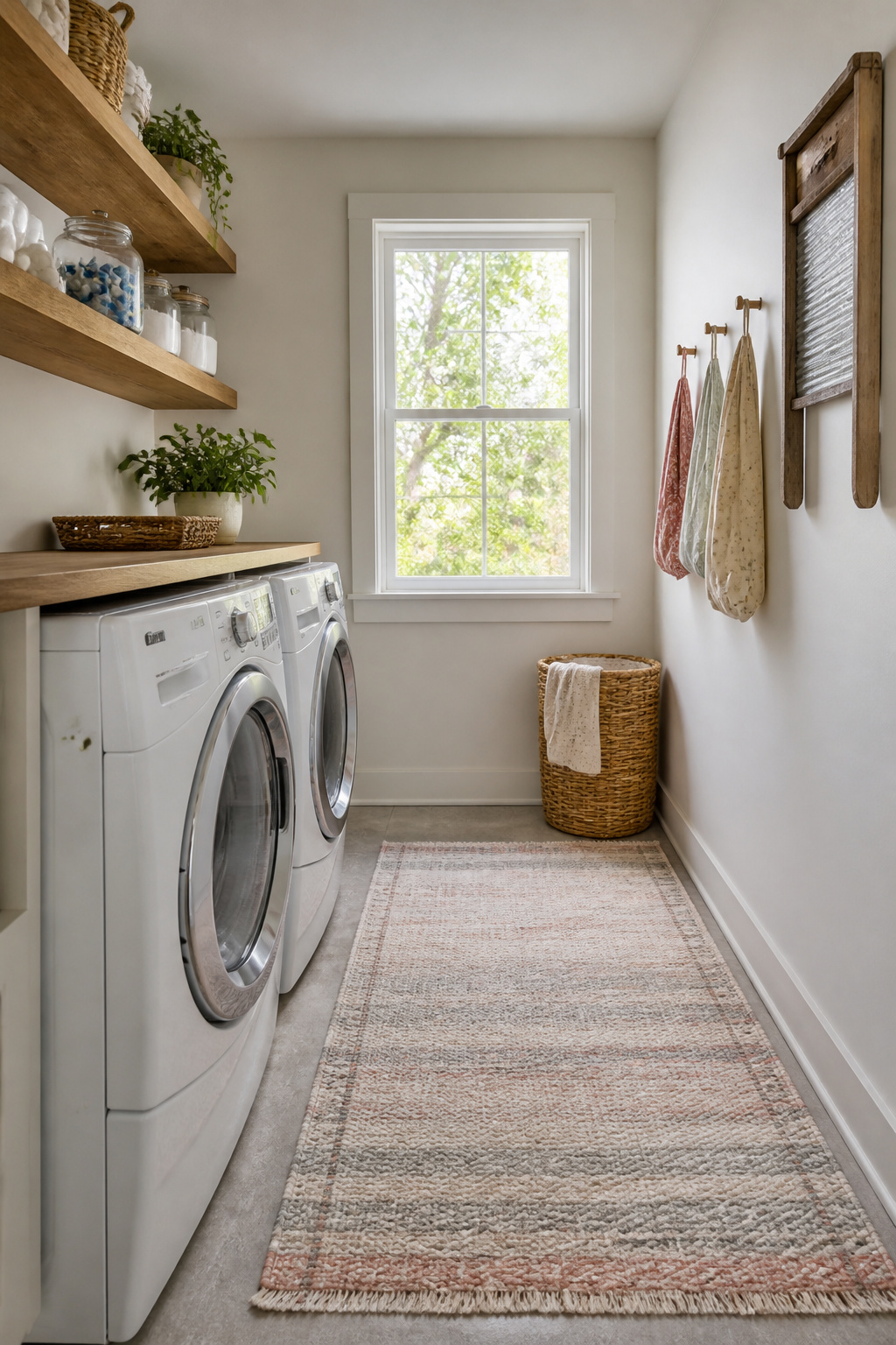 Open shelves with glass jars and a flatweave rug in a laundry room.