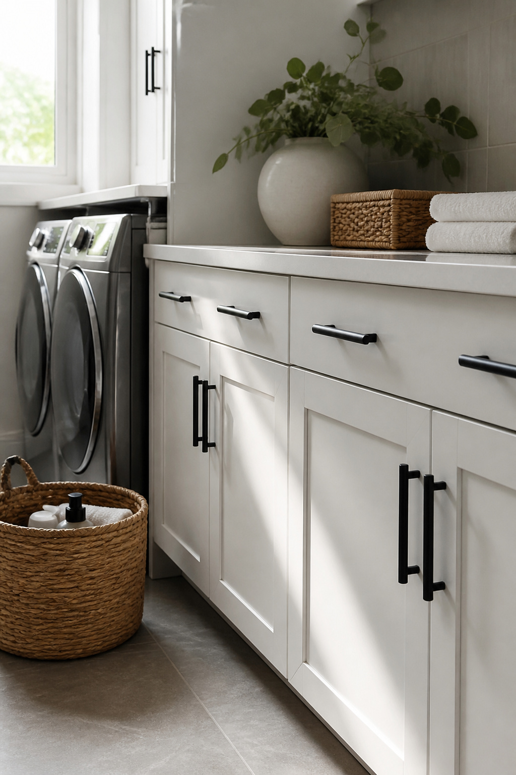 Close-up of matte black bar pulls on white cabinetry in a laundry room.