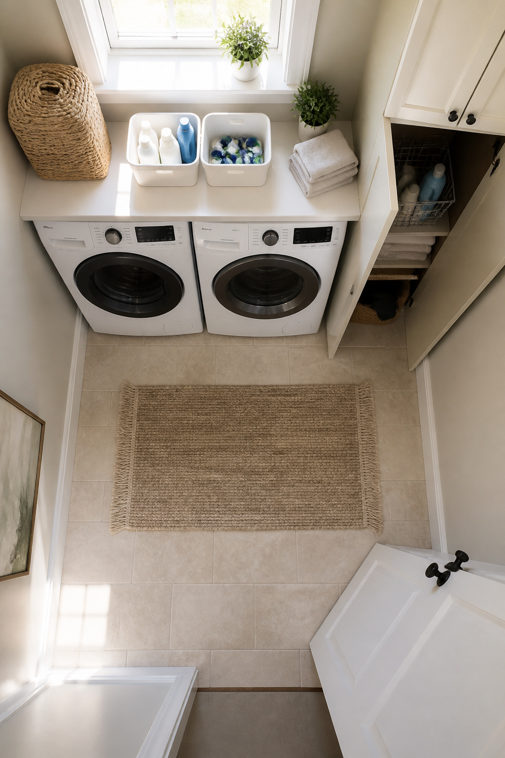 A clean laundry room with organized shelves and appliances pulled forward.