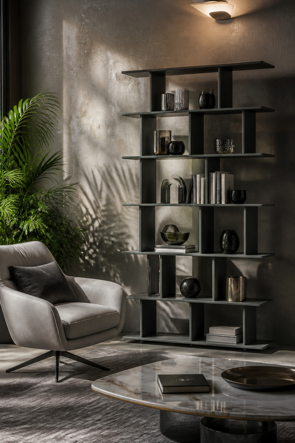 17 Living Room Bookshelves That Work in 2026 12 The Cattelan Italia Fulham Bookcase displayed against a textured wall.