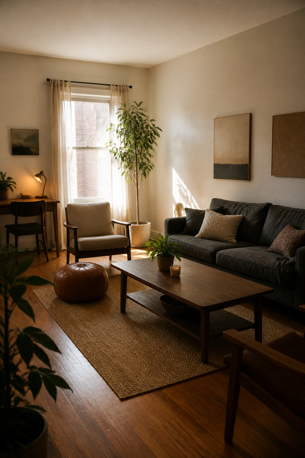 Living room with a sofa, coffee table, and sunlight.