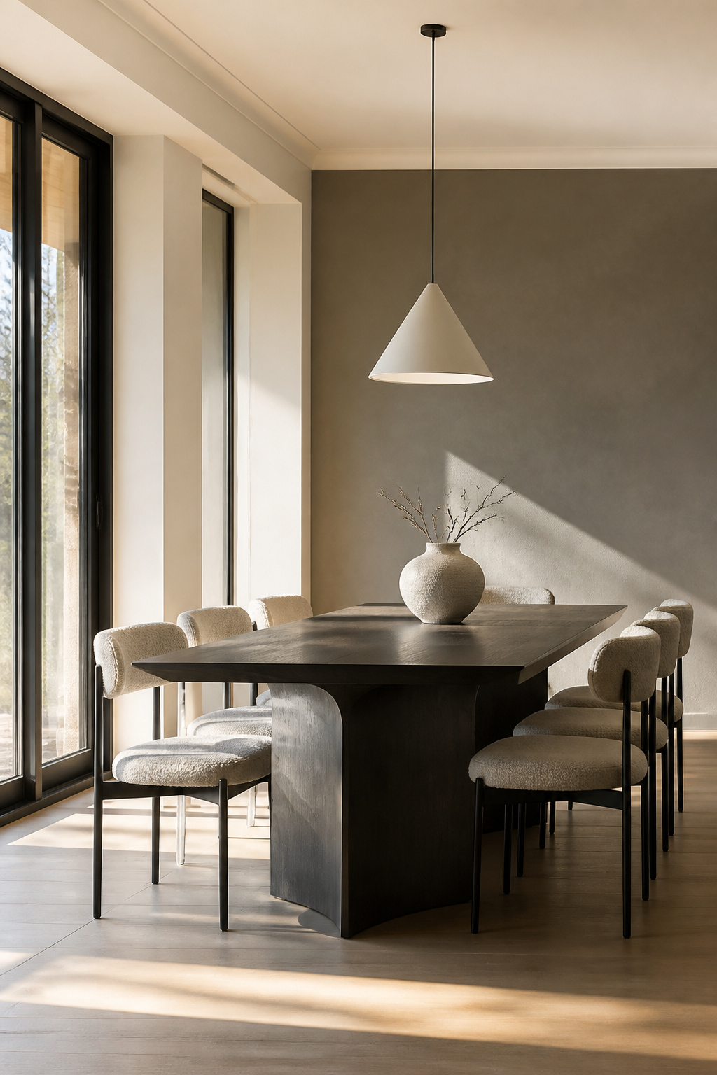 A Modern Minimalist dining room with white walls and a sleek dining table.