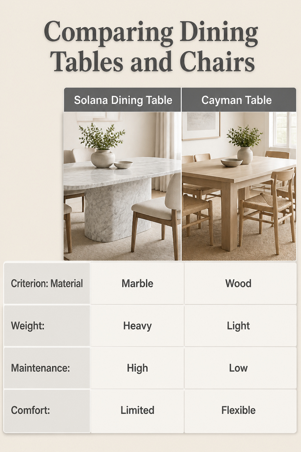 An image comparing different dining tables and chairs for interiors.
