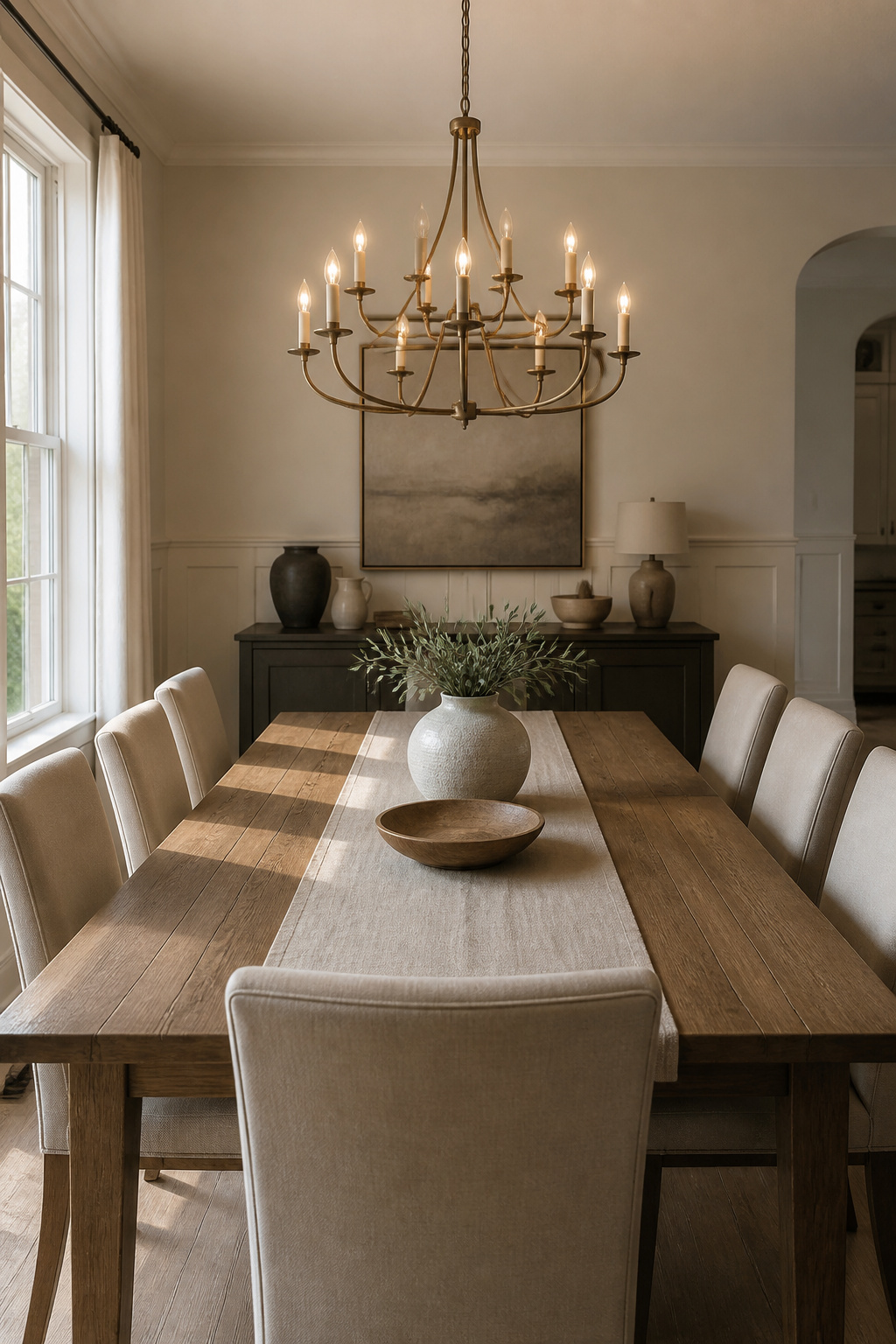 A chandelier above a dining table in a neutral dining room.