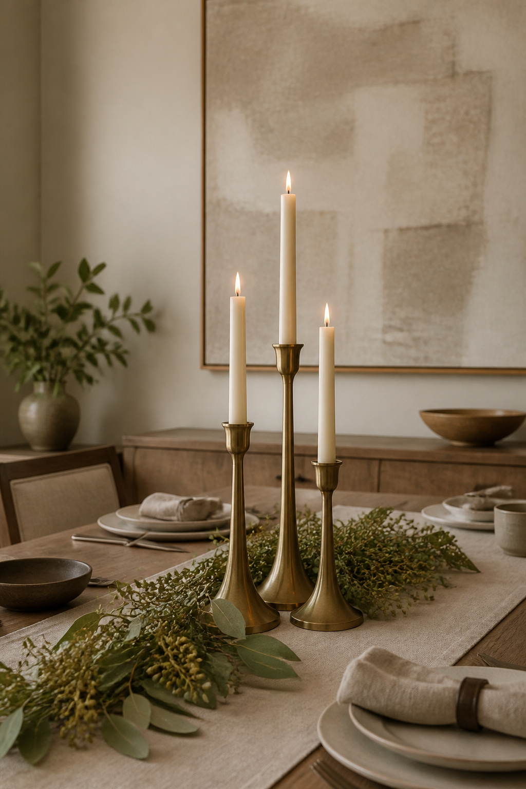 Decorative accents placed on surfaces in a neutral dining room.