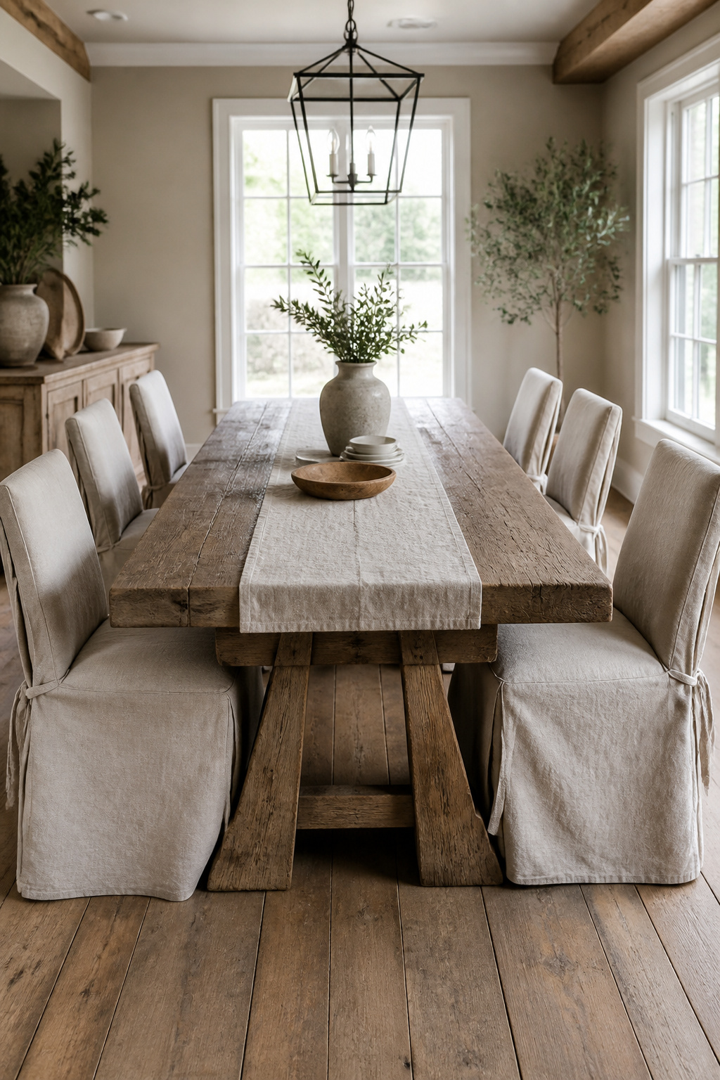 A Farmhouse Chic dining room with a wood table and linen chair covers.