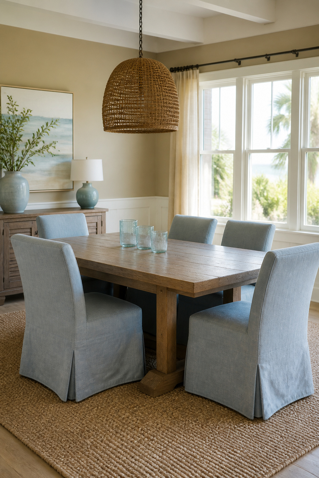 A Beachy Coastal dining room with light walls and a rustic wood table.