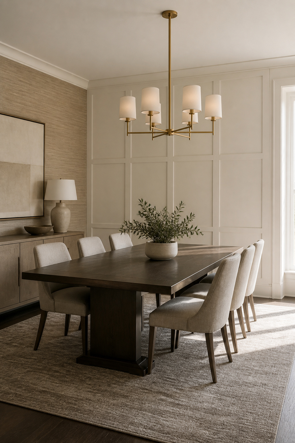 An Architectural Neutrals dining room with paneling and a grasscloth wall.