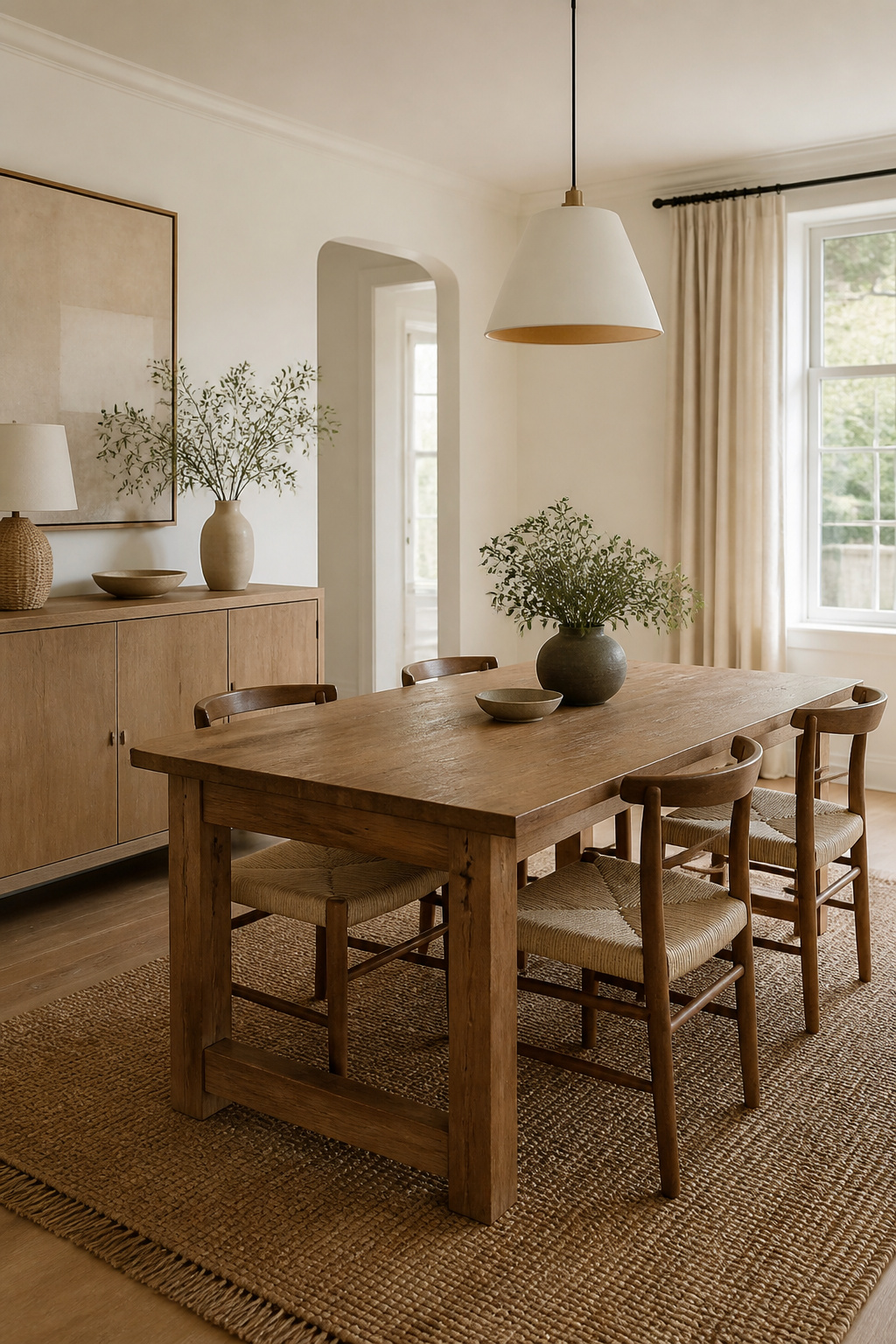A Timeless Neutrals dining room with a wood table and light walls.