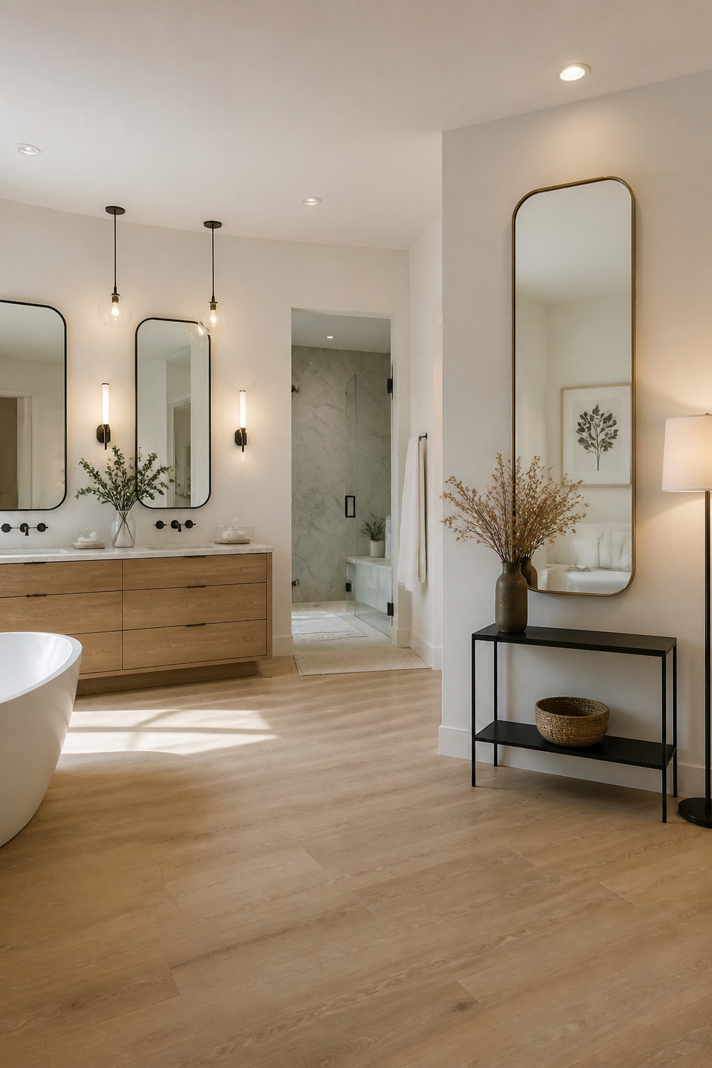 A full-length mirror installed on a wall in a spacious bathroom.