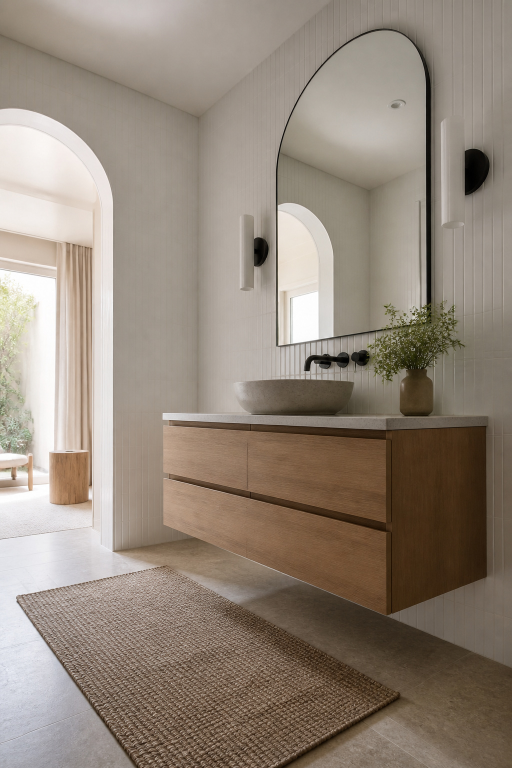 An arch-shaped mirror with a flat base mounted above a sink.