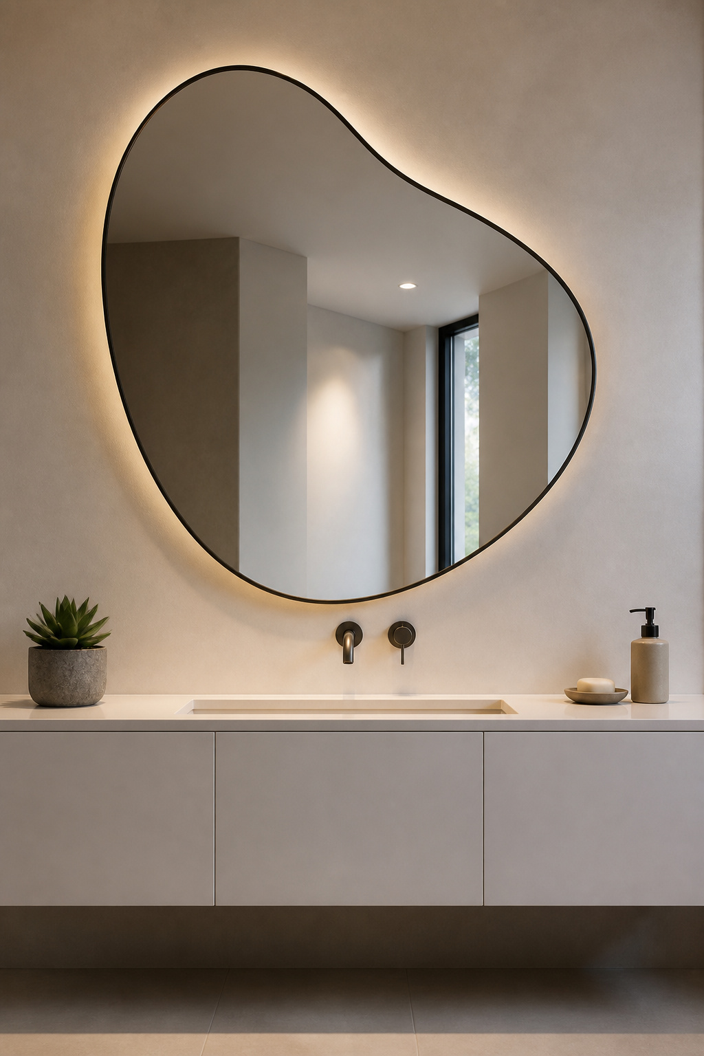 A uniquely shaped abstract mirror mounted on a simple vanity.