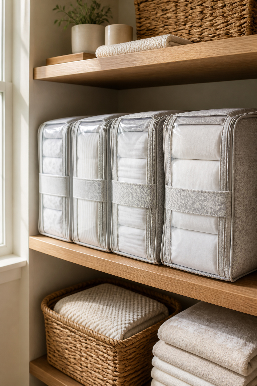 A shelf with labeled zippered pouches containing folded bed sheets.