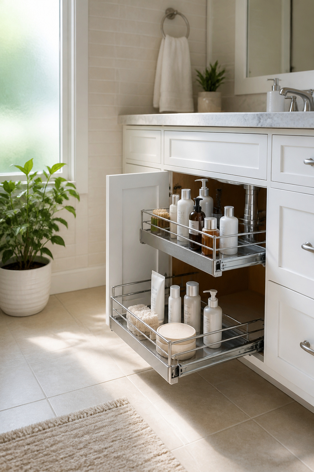 A slide-out shelf under a sink with toiletries organized on top.