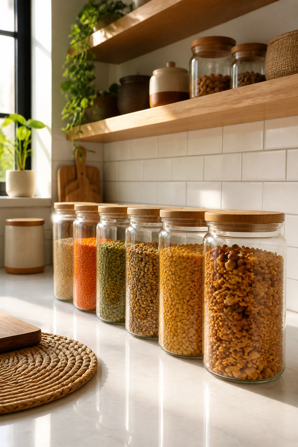 A set of glass jars with lids containing various pantry ingredients.