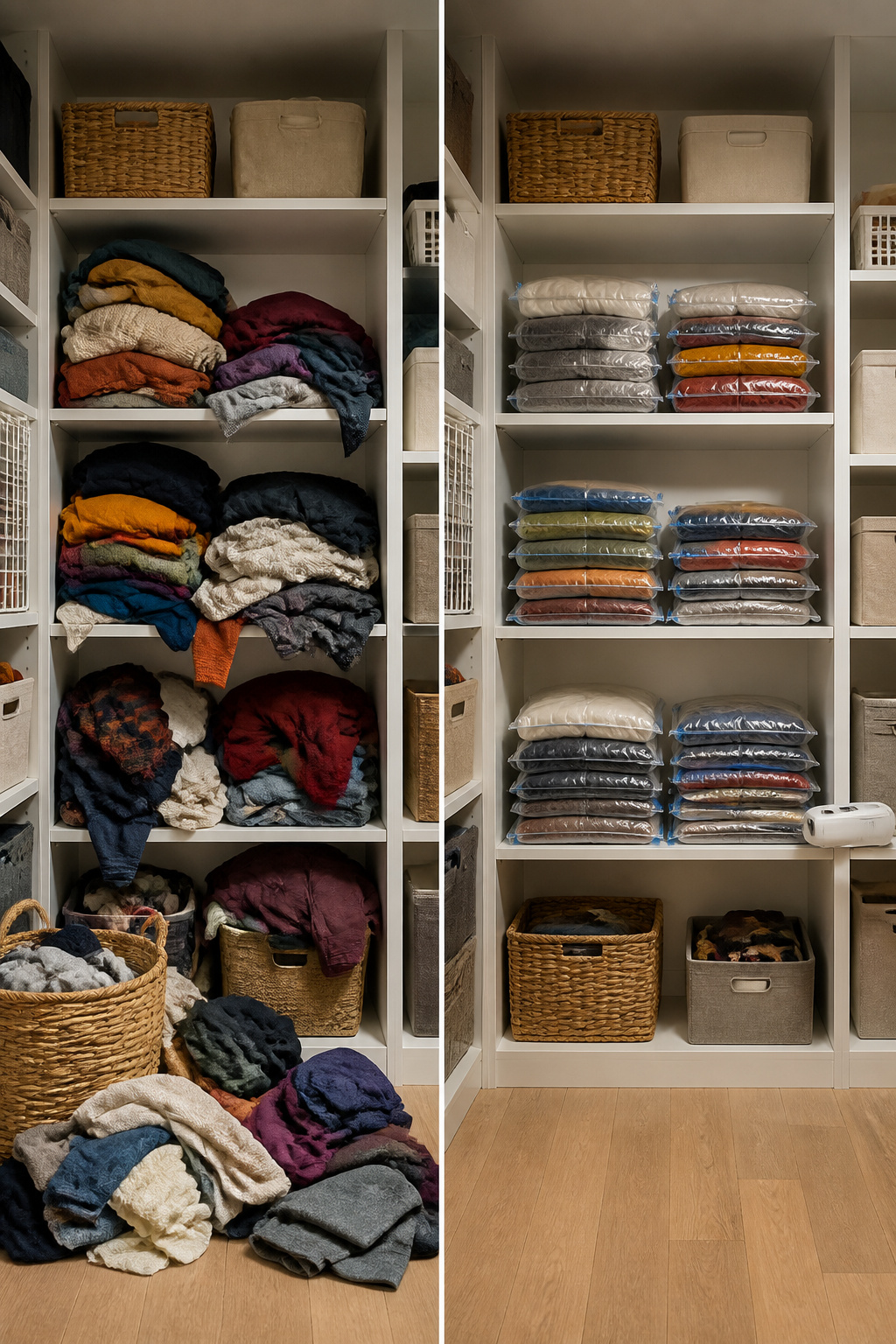 A variety pack of vacuum storage bags for clothing organization.