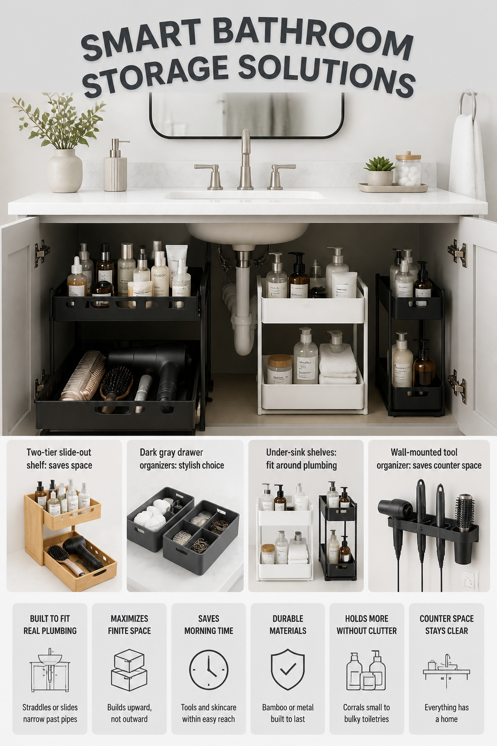 A two-tier slide-out shelf in a bathroom cabinet for toiletries.