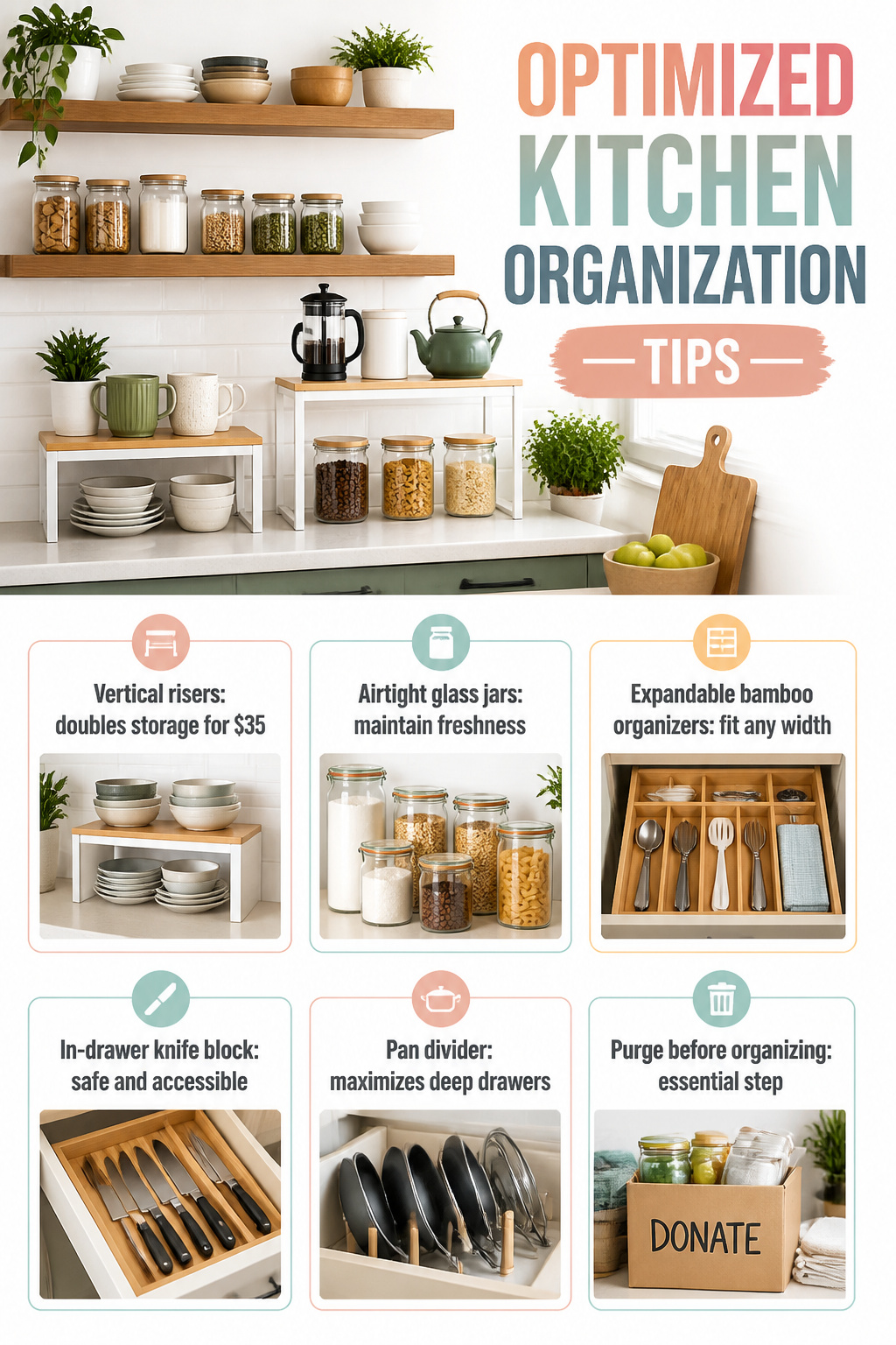 Risers placed in a kitchen cabinet to create additional storage layers.