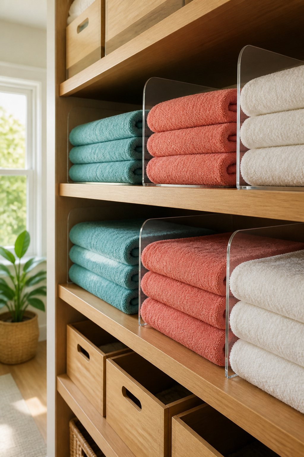 A closet shelf with clear dividers separating stacks of towels.