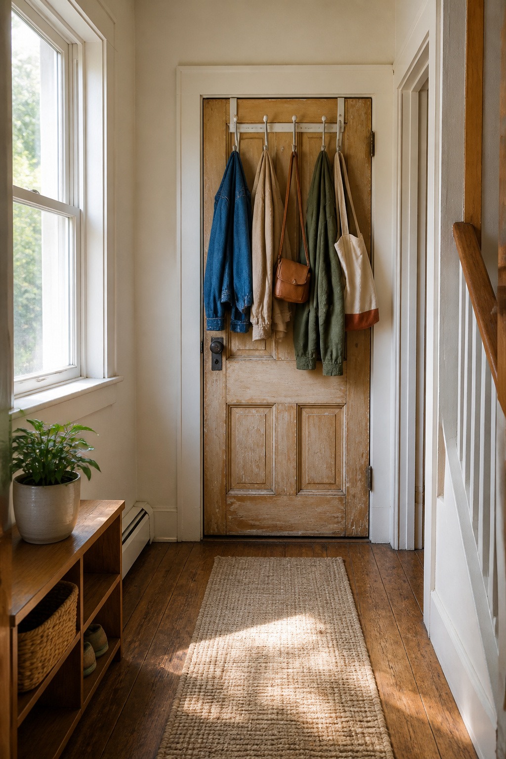 A coat rack mounted over a door, holding bags and coats.