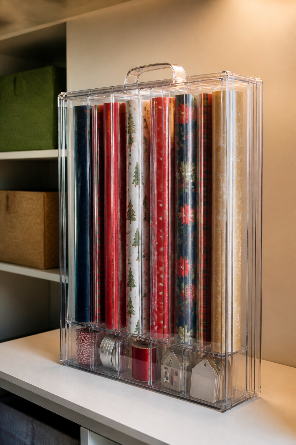 A storage case holding multiple rolls of wrapping paper upright.