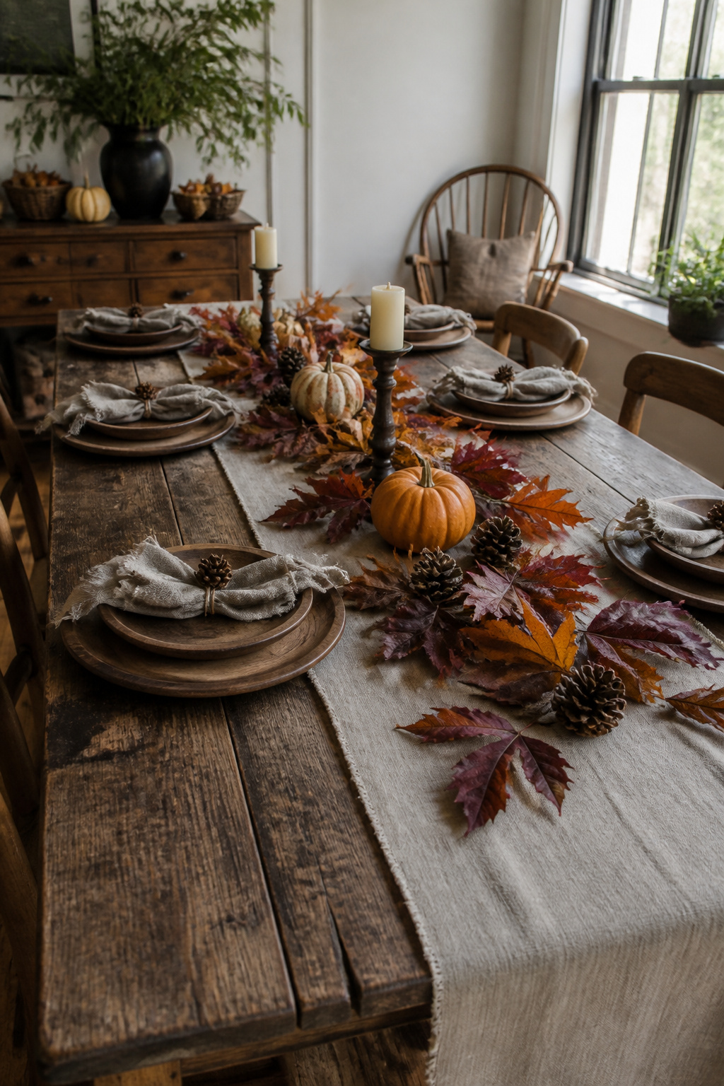 7 Rustic Thanksgiving Table Ideas: Natural, Vintage & Thrifted for 2026 1 A rustic table with leaves, pine cones, and small pumpkins.