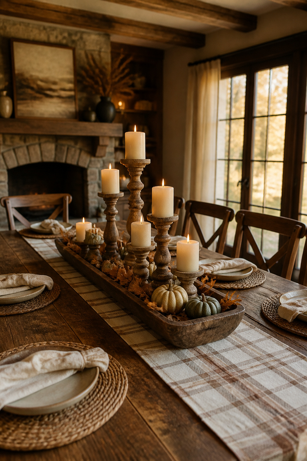 7 Rustic Thanksgiving Table Ideas: Natural, Vintage & Thrifted for 2026 2 A wooden tray with candle holders on a rustic table.