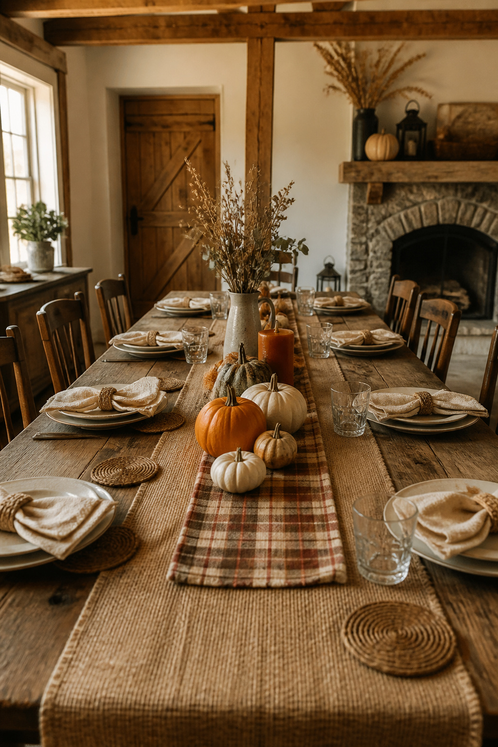 7 Rustic Thanksgiving Table Ideas: Natural, Vintage & Thrifted for 2026 4 A burlap runner with linen napkins on a rustic table.