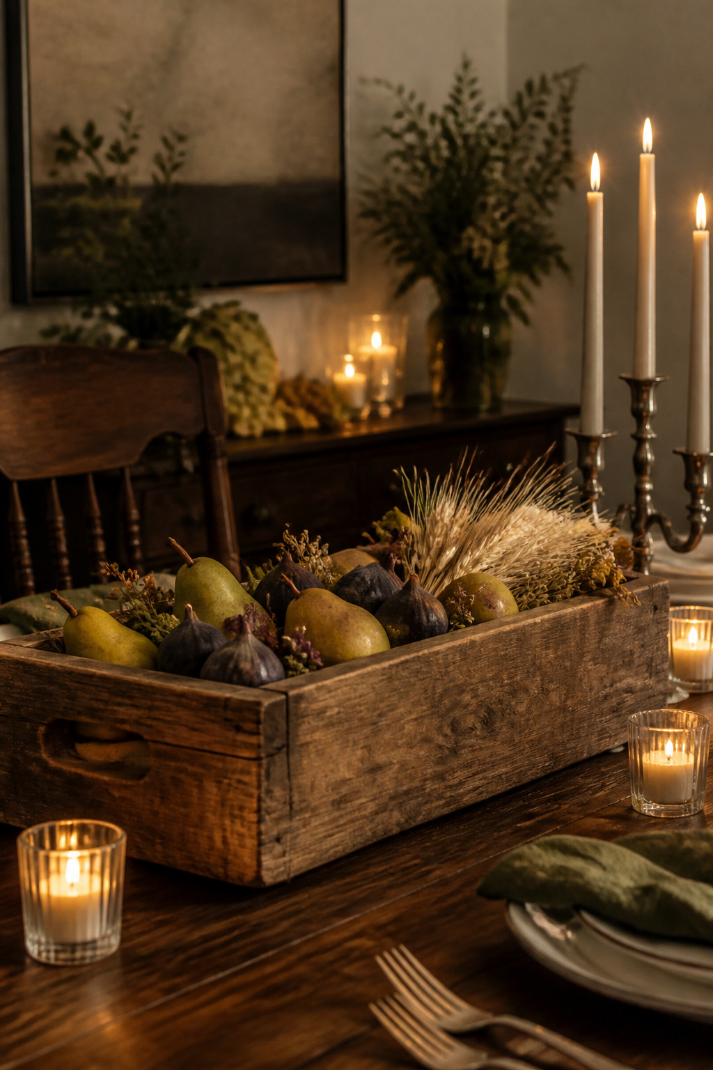 7 Rustic Thanksgiving Table Ideas: Natural, Vintage & Thrifted for 2026 5 A wooden box filled with pumpkins and natural decor on a table.