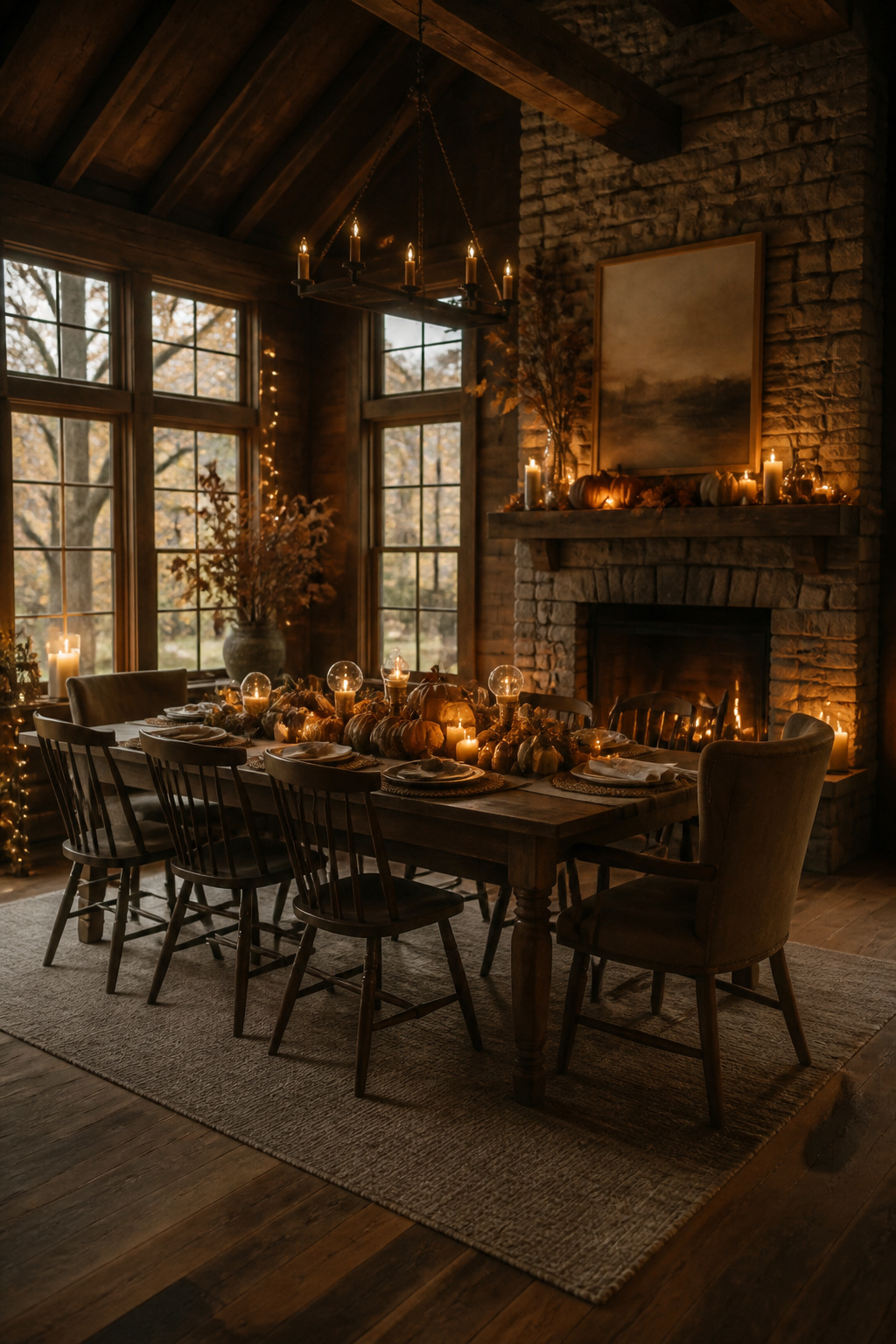 7 Rustic Thanksgiving Table Ideas: Natural, Vintage & Thrifted for 2026 7 Candles and string lights on a rustic Thanksgiving table.