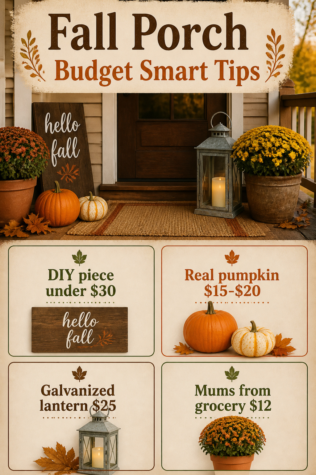 9 Simple Fall Front Porch Decor Ideas for 2026 10 An infographic with budget tips for fall porch decorating.