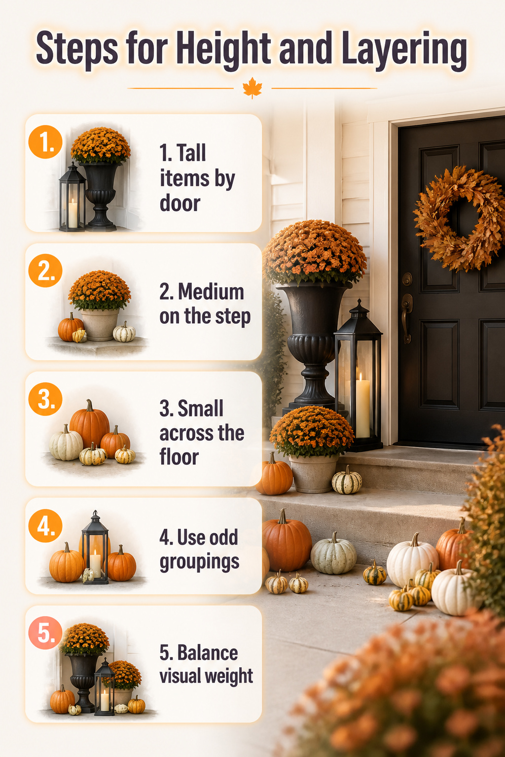 9 Simple Fall Front Porch Decor Ideas for 2026 11 An image showing height layering rules for porch decor.