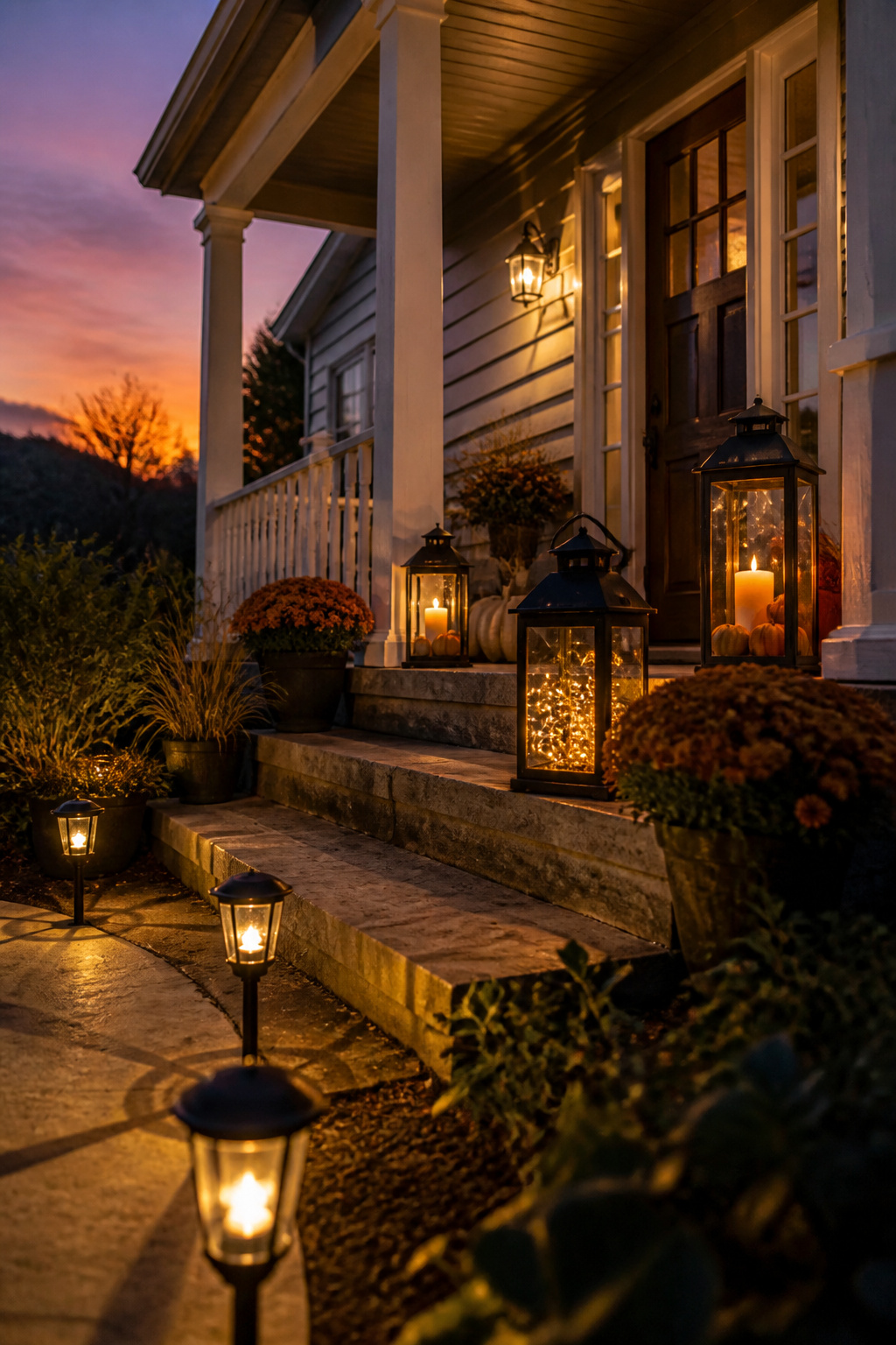 9 Simple Fall Front Porch Decor Ideas for 2026 4 Lanterns with candles positioned on a porch for evening lighting.