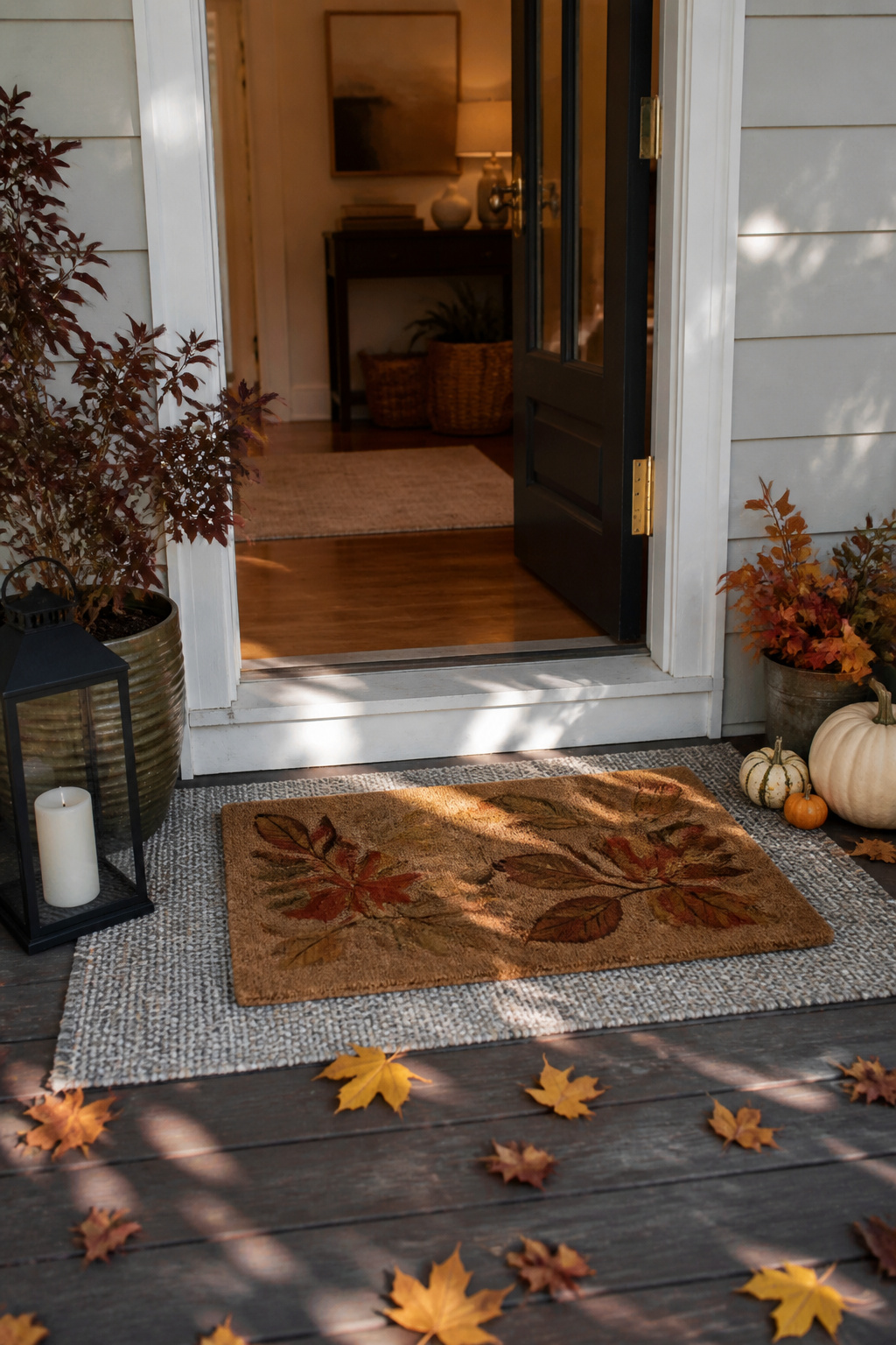 9 Simple Fall Front Porch Decor Ideas for 2026 5 A larger grey rug layered with a coir doormat on a porch.