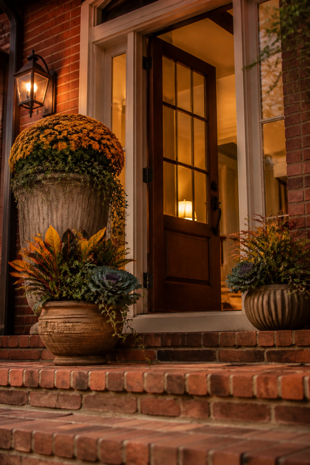 9 Simple Fall Front Porch Decor Ideas for 2026 8 Three planters of different heights positioned at a porch entry.