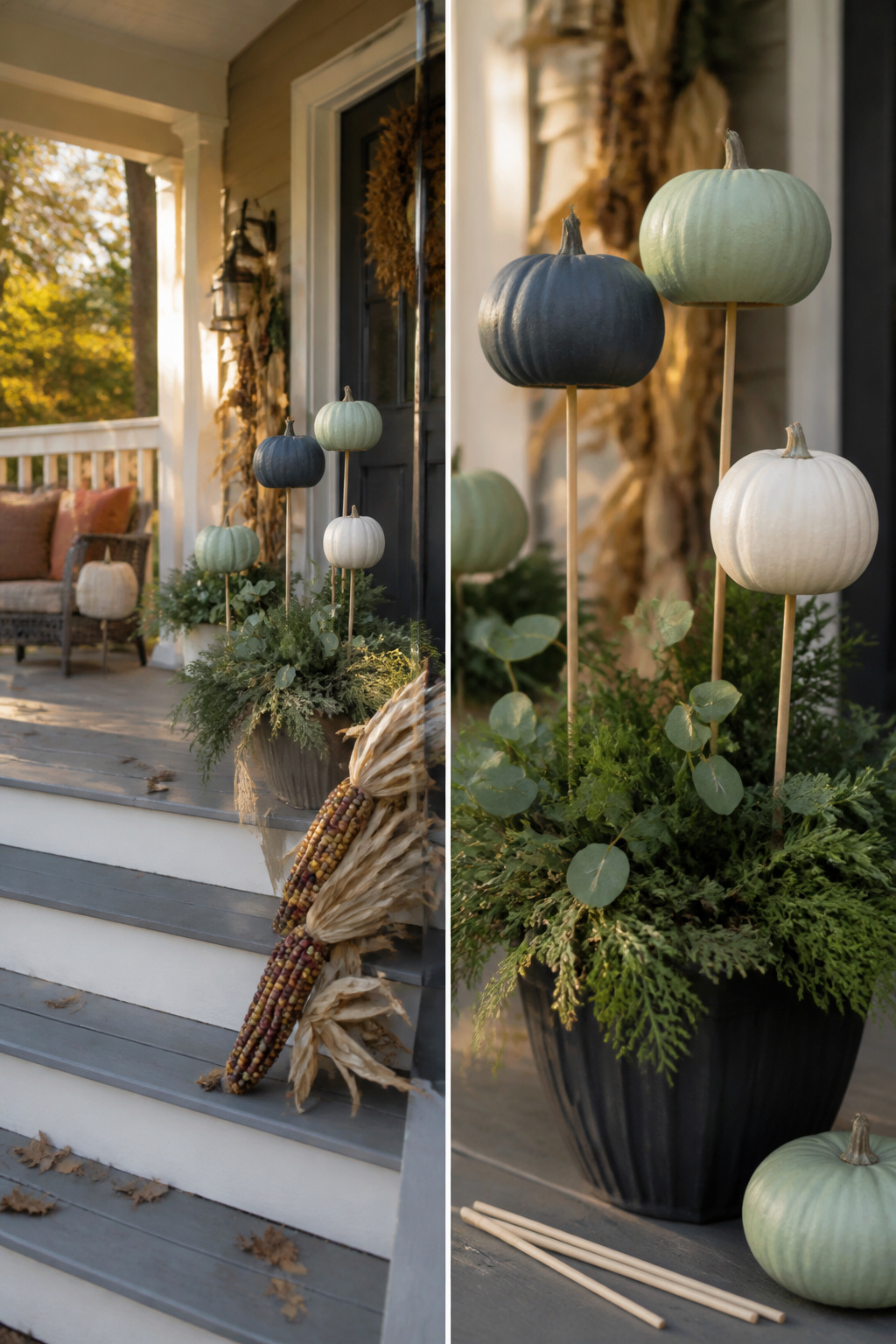 9 Simple Fall Front Porch Decor Ideas for 2026 9 Craft pumpkins mounted on dowel rods in a planter.