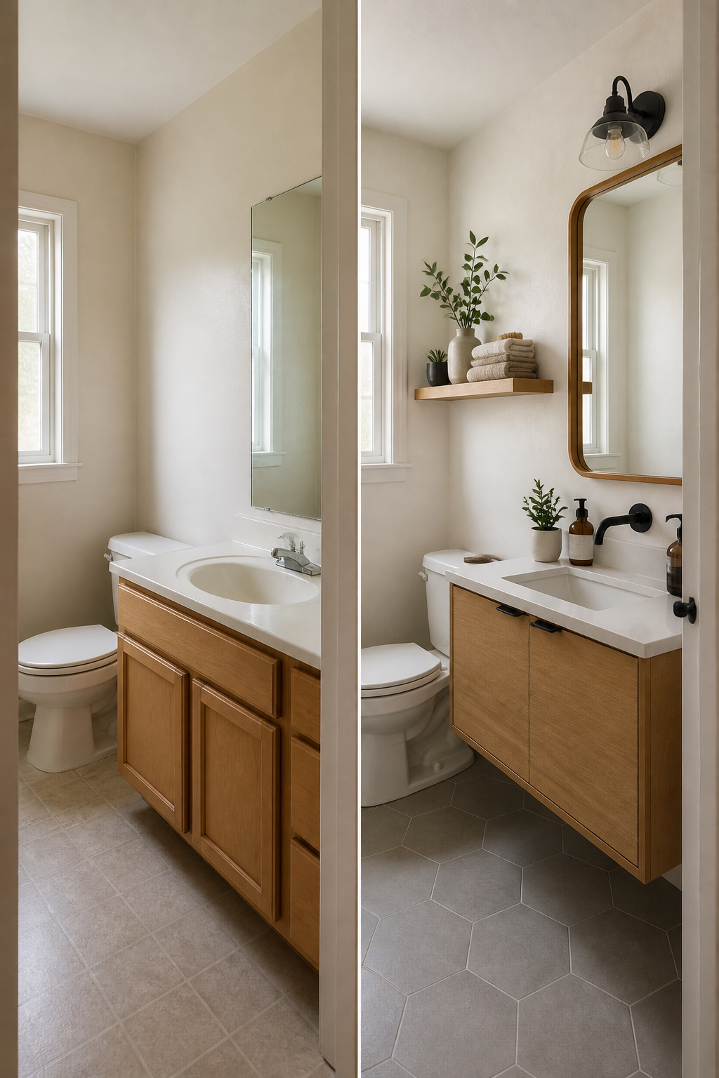 A bathroom with warm white walls and a soft gray accent.