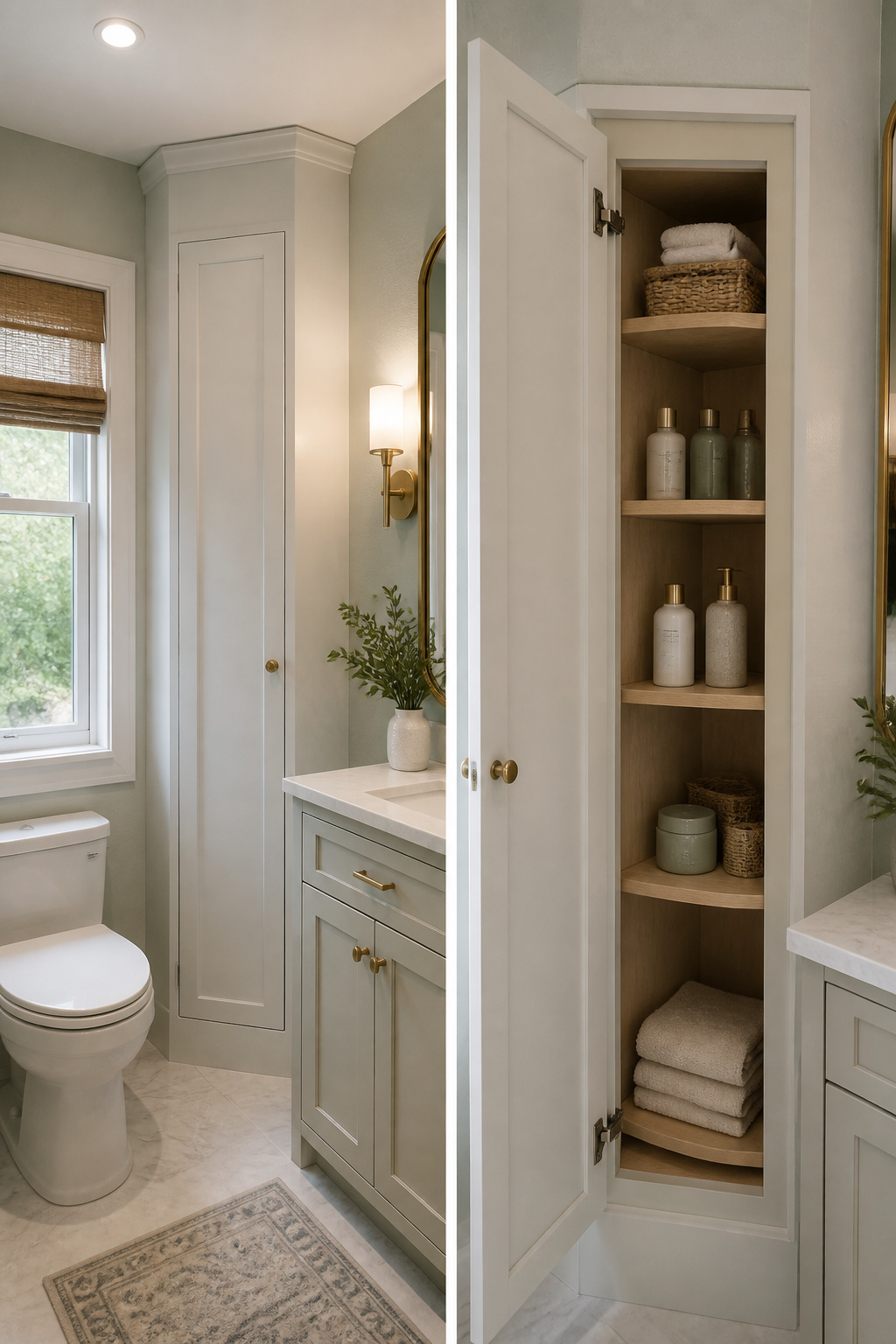 A narrow cabinet built into a corner of a bathroom.